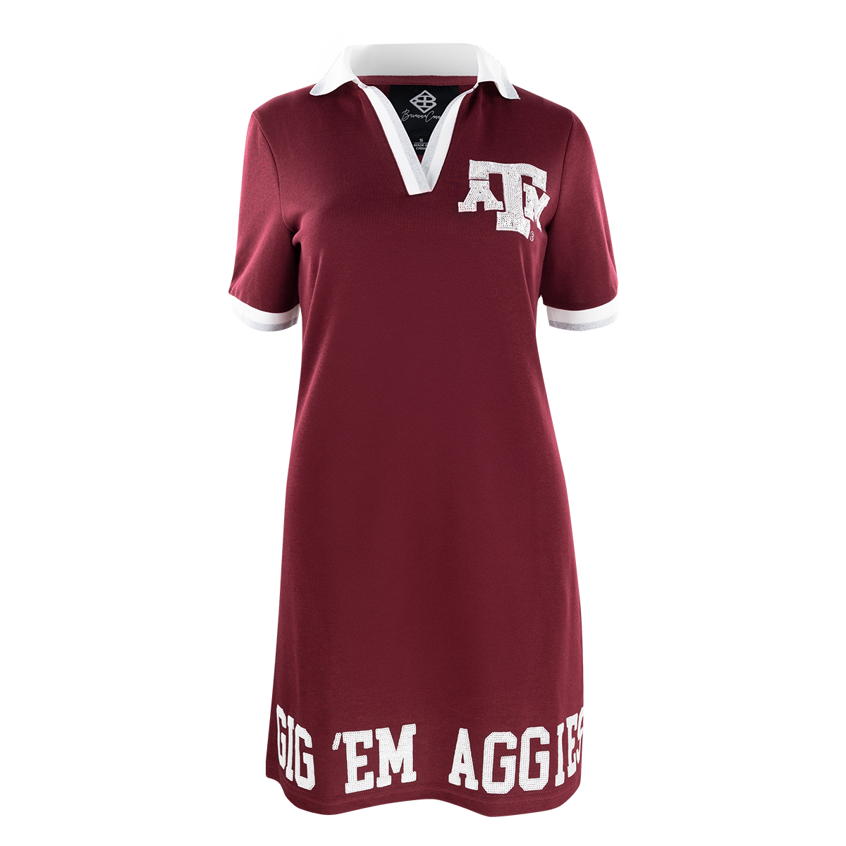Maroon dress with white collar and sequined ATM logo and "GIG 'EM AGGIES" in sequins