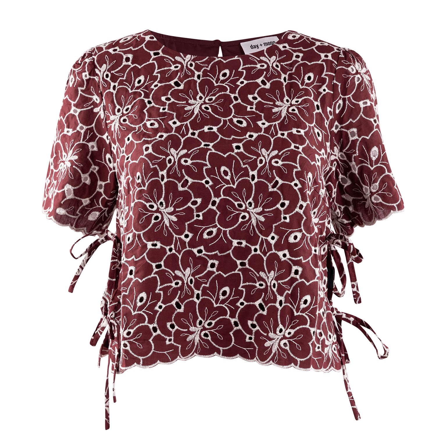 She + Sky Floral Embroidery Tie Top - Maroon
