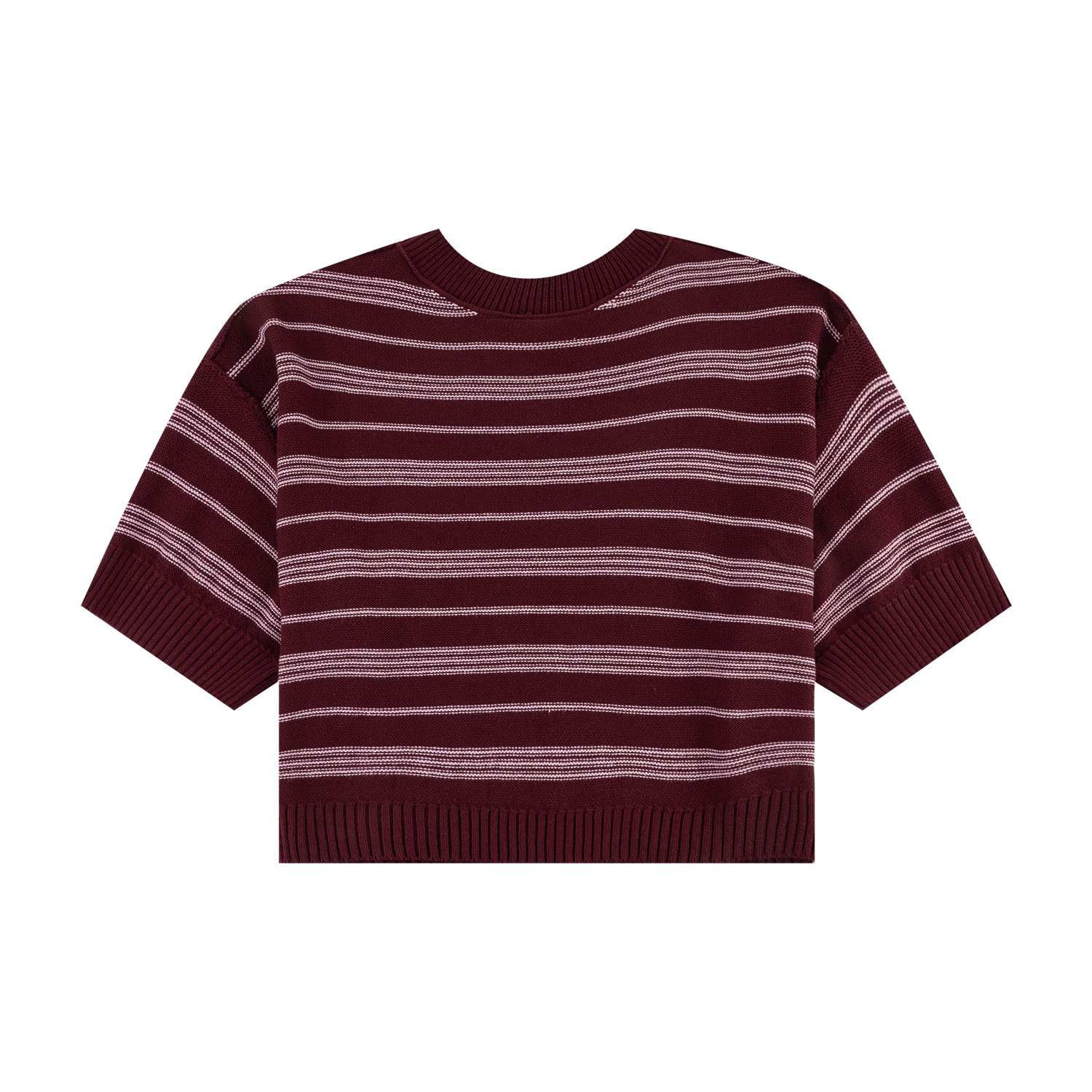 A short-sleeve knit sweater with horizontal burgundy and light pink stripes, shown flat against a solid white background.