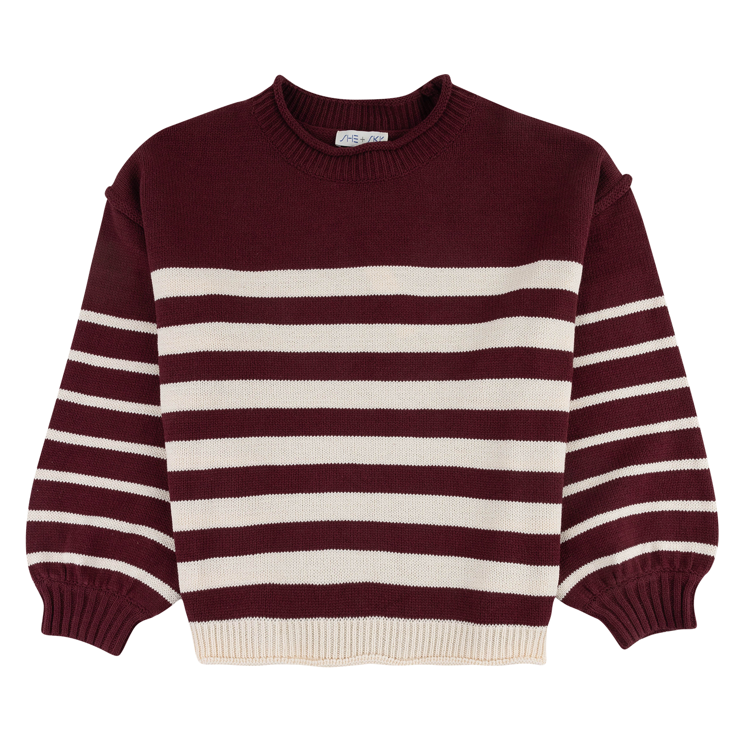 A crewneck knit sweater with horizontal burgundy and cream stripes, featuring ribbed cuffs and hem, shown flat against a white background.