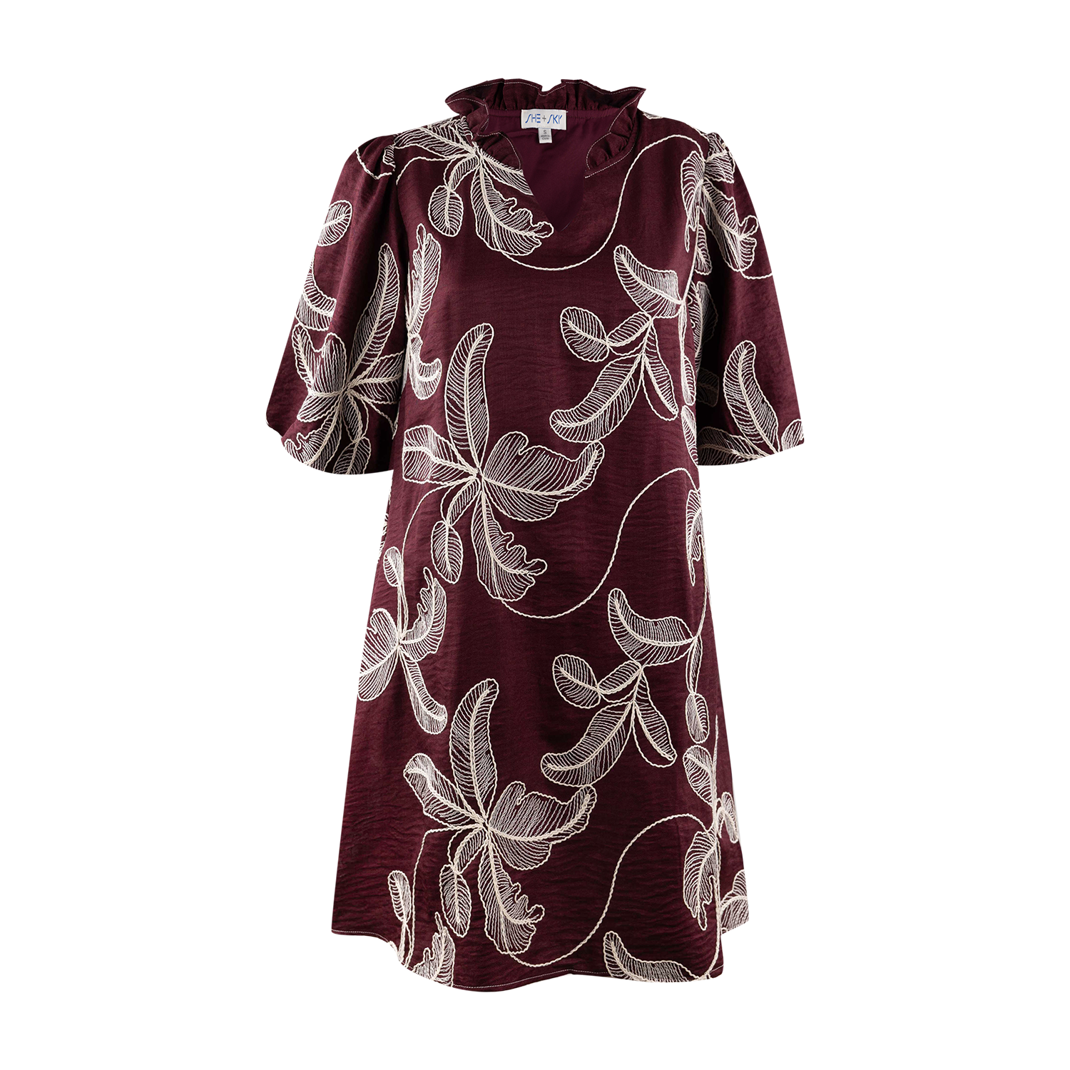 Maroon dress embroidered with creamy white floral pattern