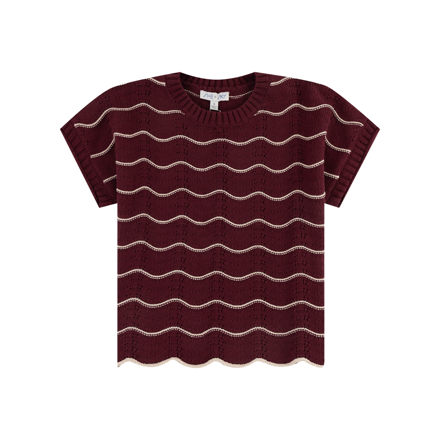 She + Sky Short Sleeve Scallop Striped Knit Top - Maroon
