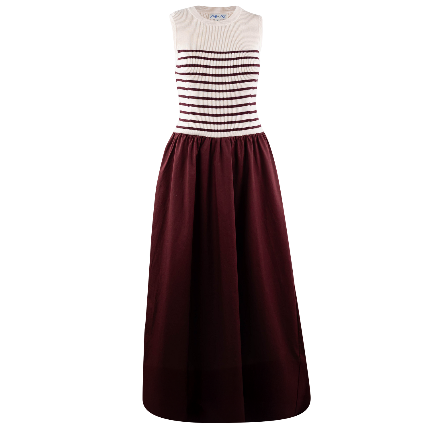 A sleeveless maxi dress with a cream ribbed knit bodice featuring thin dark burgundy stripes, and a solid dark burgundy skirt, shown against a plain white background.