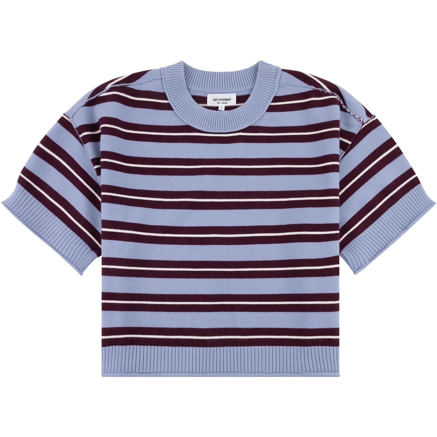 Ee:some short-sleeve knit sweater in periwinkle blue with burgundy and white horizontal stripes, ribbed crew neckline, cuffs, and hem.