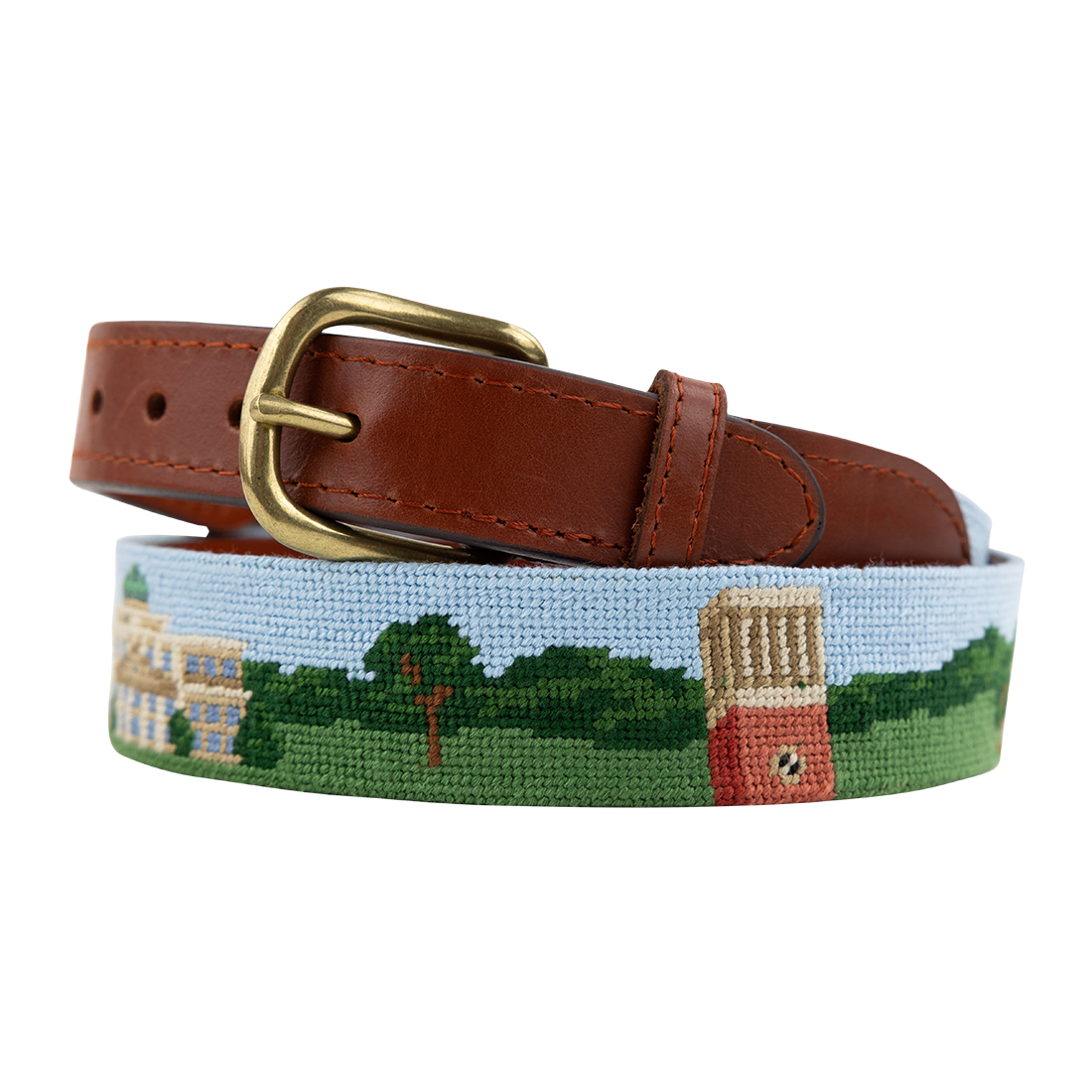 Brown Leather Belt with Texas A&M Buildings and special Aggie spots om campus embroidered on belt