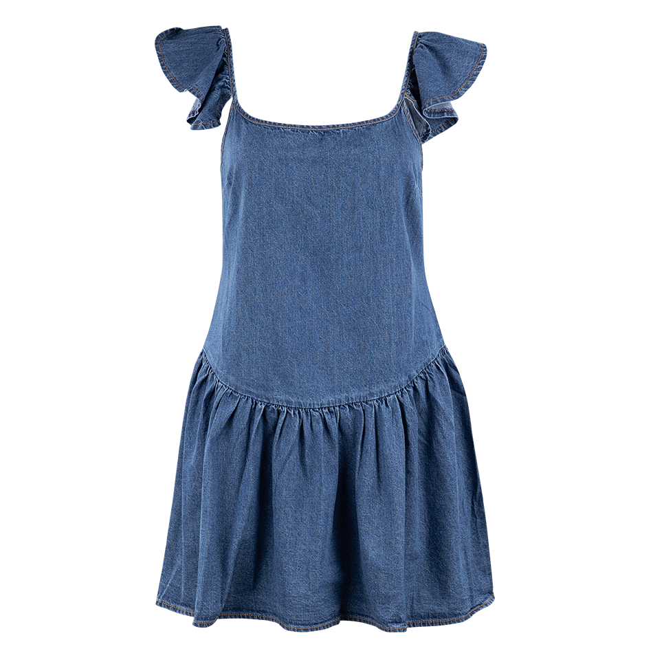 Denim stress with spaghetti strap ruffles.