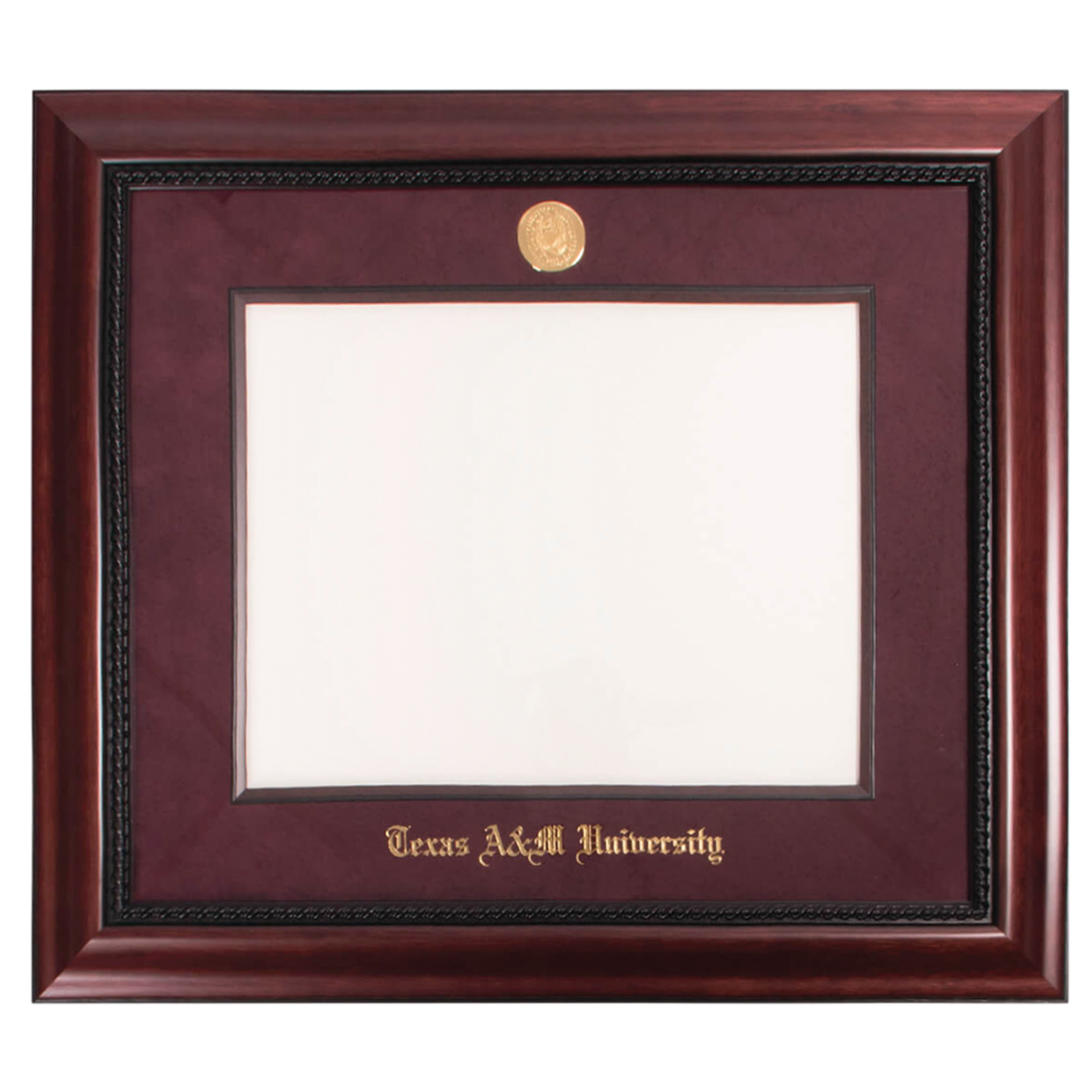 Texas A&M diploma frame with maroon background.