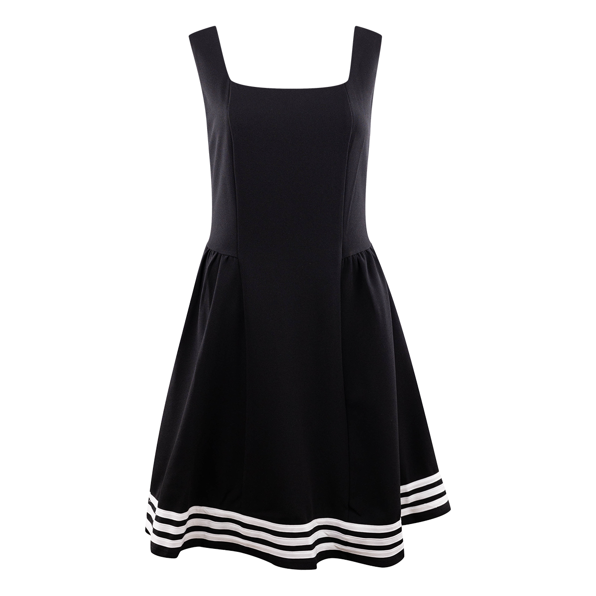 Black dress with white trim.