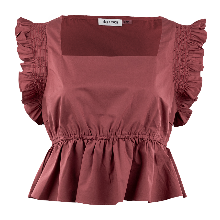 Maroon square neck top with cinched waist.