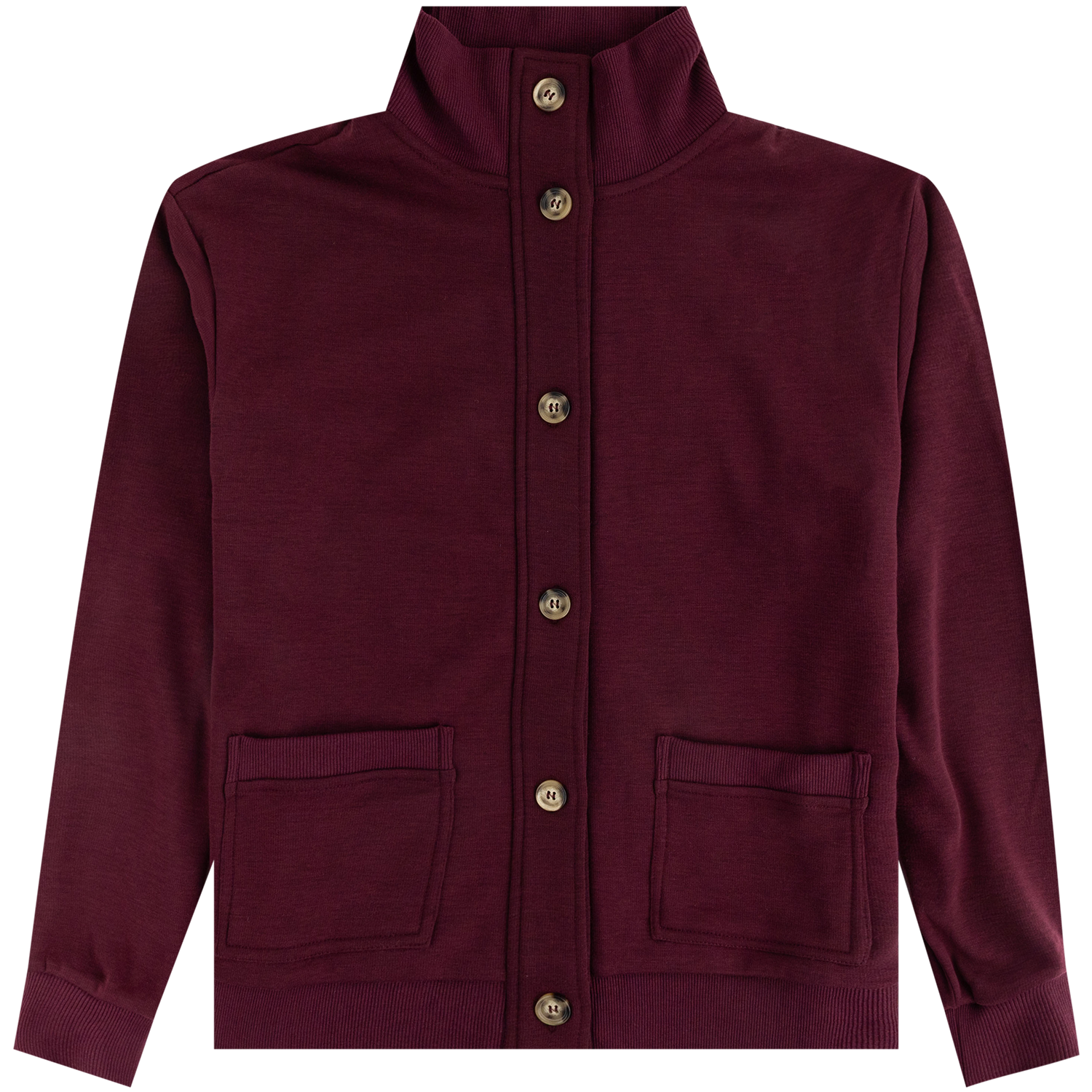 Maroon Texas A&M cardigan featuring a stand collar, button-front closure, two front patch pockets, ribbed cuffs and hem, and a solid maroon design.