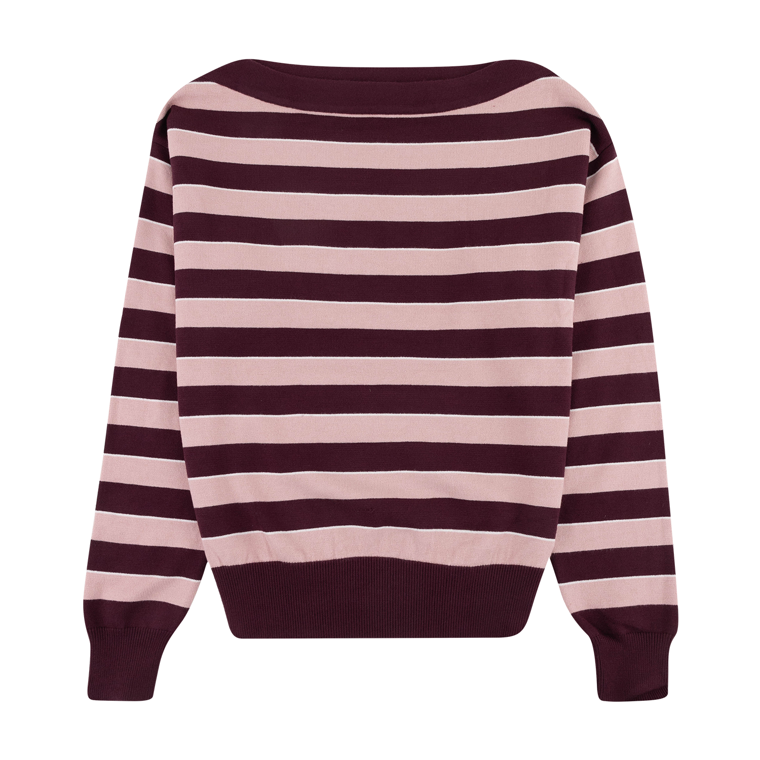 A long-sleeve knit sweater with horizontal stripes in dusty pink and deep burgundy, featuring a wide boat neckline and ribbed cuffs and hem.