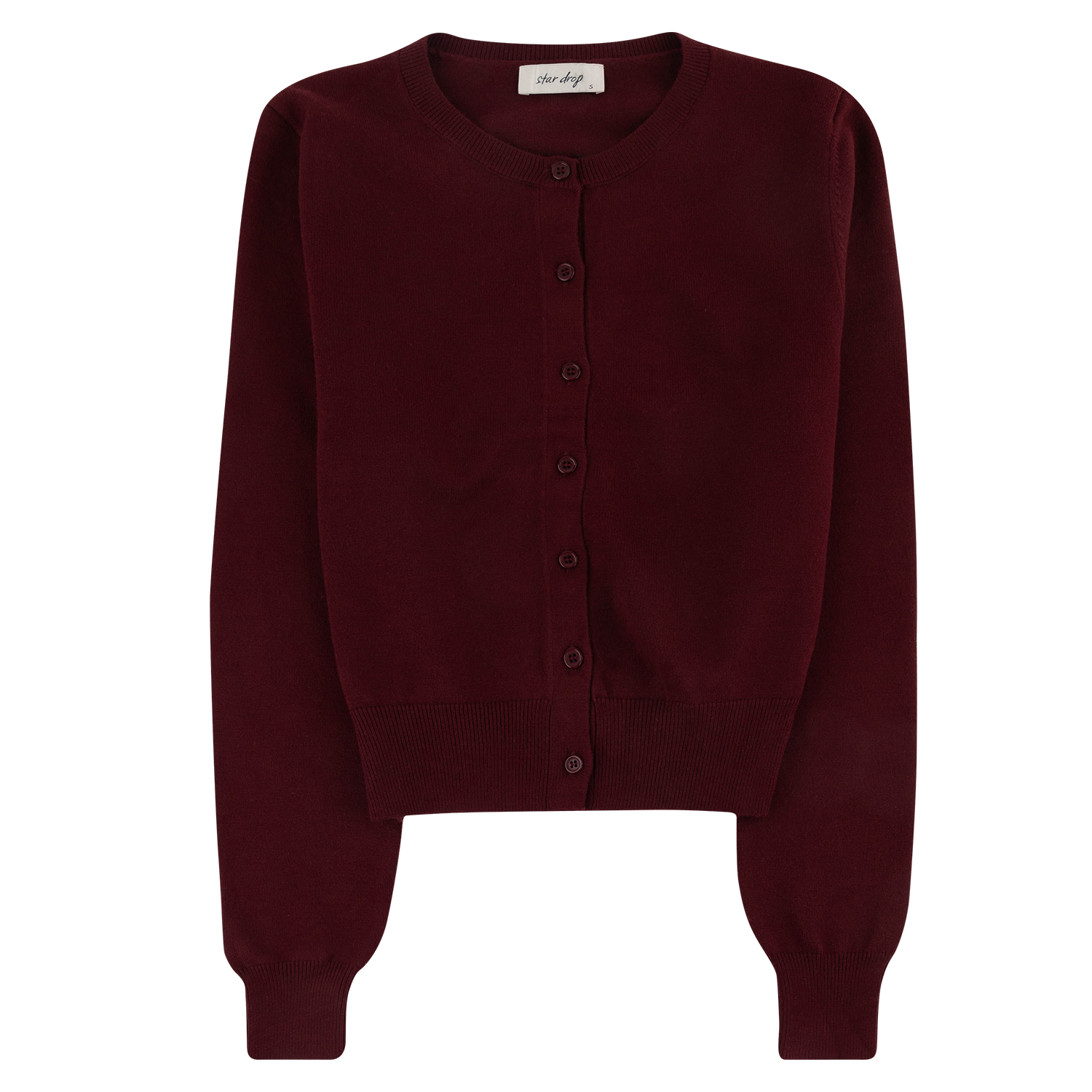 A dark burgundy knit cardigan sweater with a crew neck, button-up front, and ribbed cuffs and hem, shown flat on a white background.
