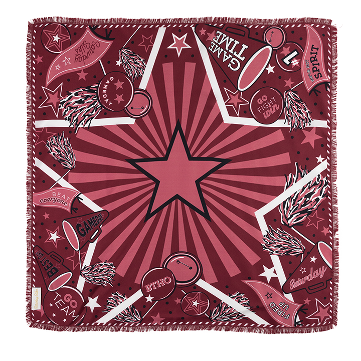 Fringed scarf with a large star in the center. Spirit graphics around the star.