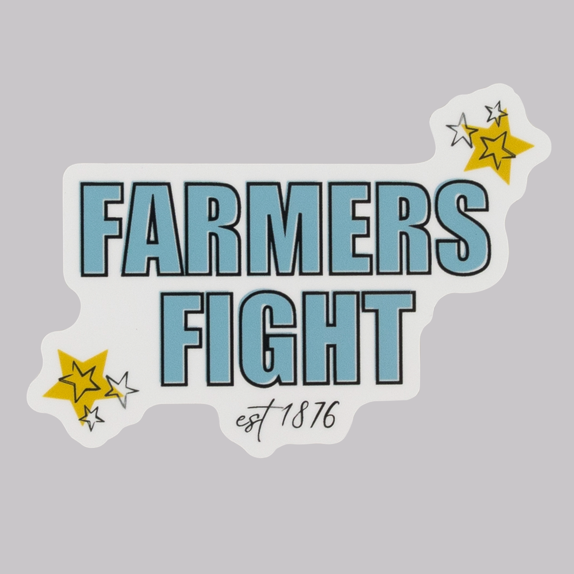 Blue "FARMERS FIGHT" sticker with yellow stars.