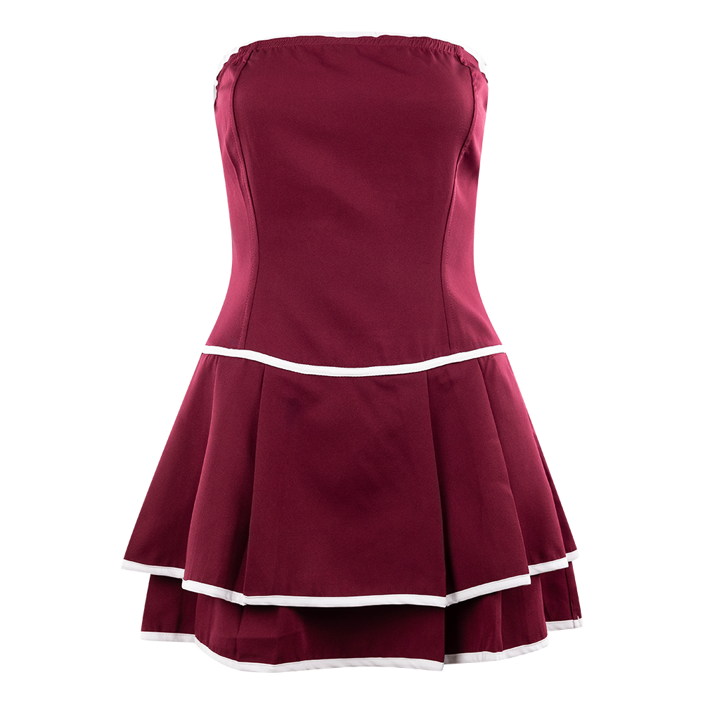 Maroon strapless drop-waist dress with white details