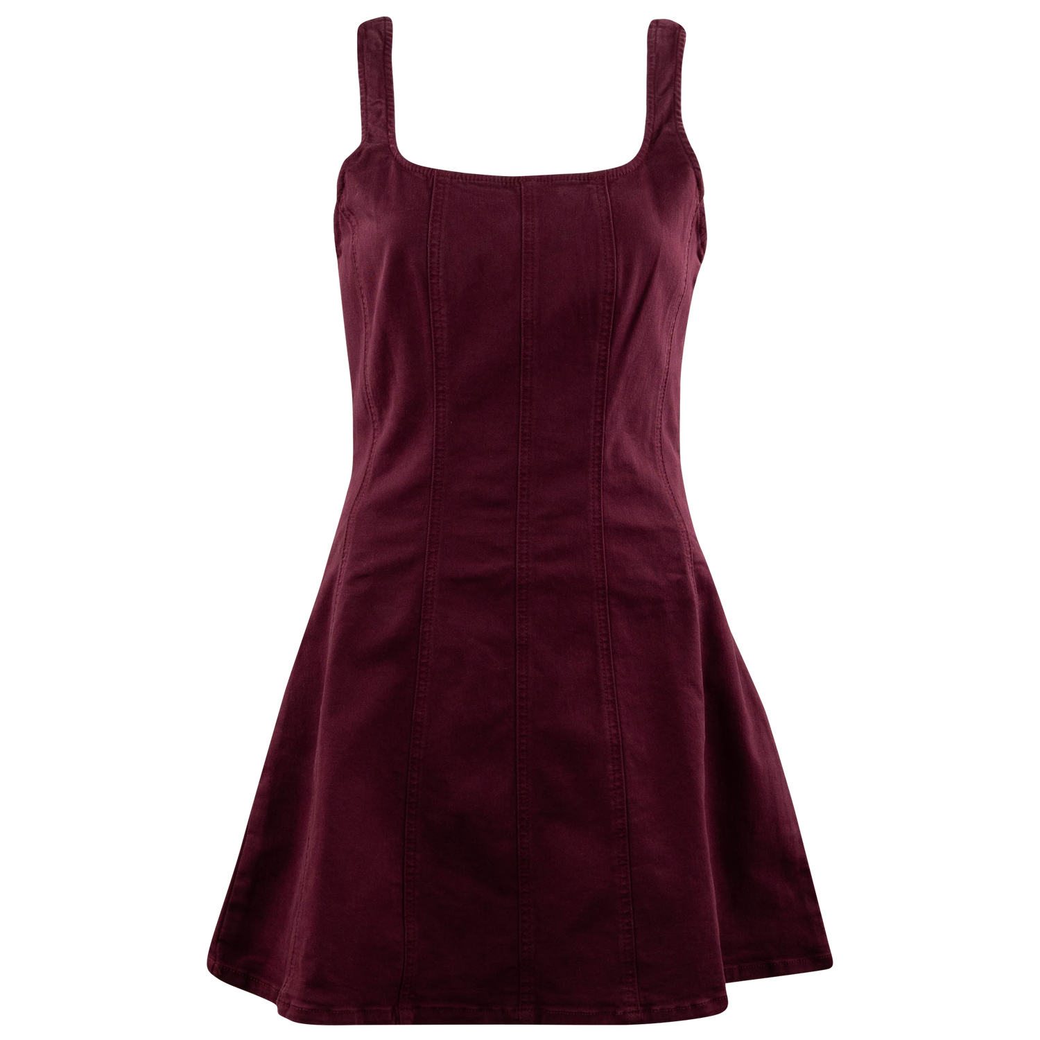 Women's maroon sleeveless dress featuring a square neckline, wide shoulder straps, vertical seam detailing, and a flared skirt.