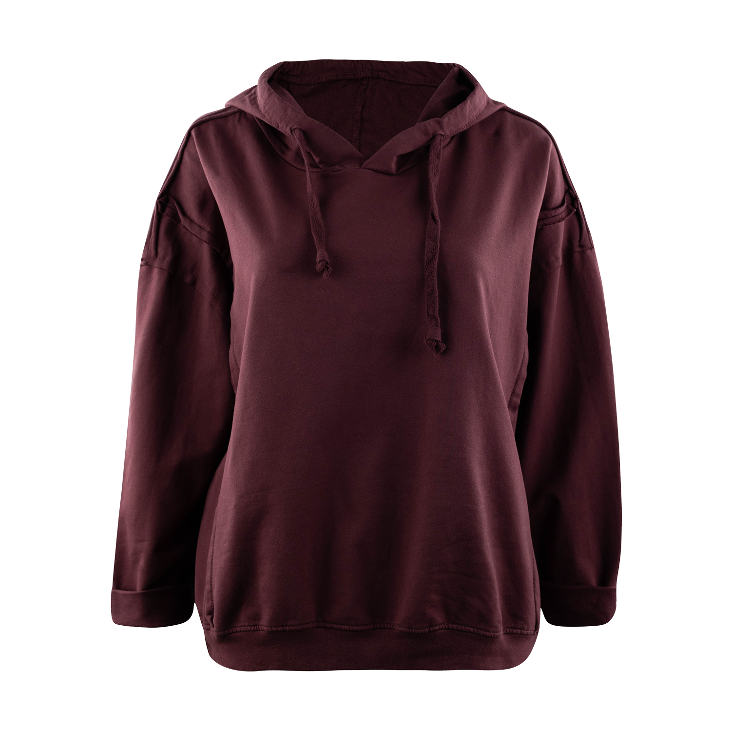 Burgundy oversized pullover hoodie with drawstring hood, raw-edge seam detailing on the shoulders and sleeves, dropped shoulder fit, and ribbed cuffs and hem.