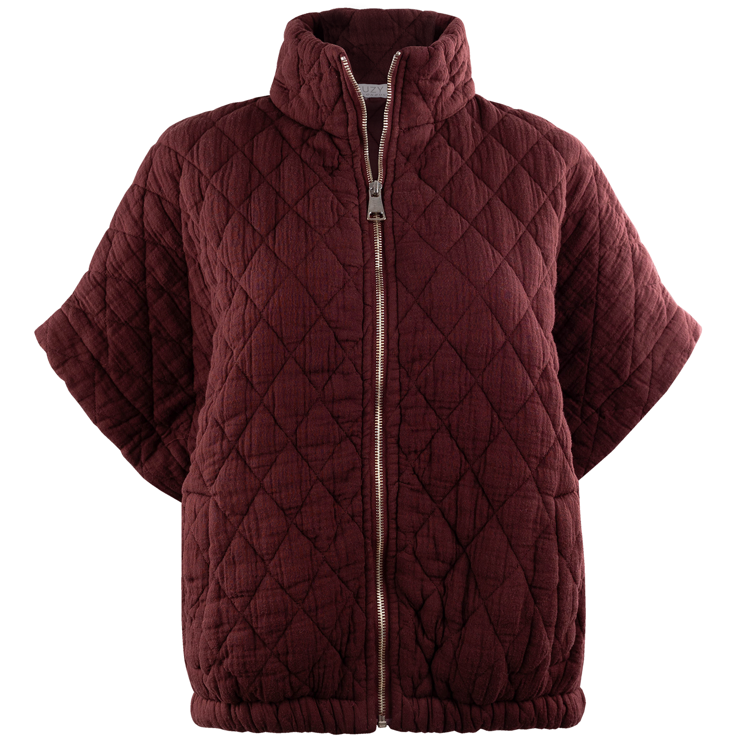 Maroon quilted jacket with a full-length gold-tone zipper, oversized stand collar, short dolman sleeves, diamond stitching, and an elasticized hem.