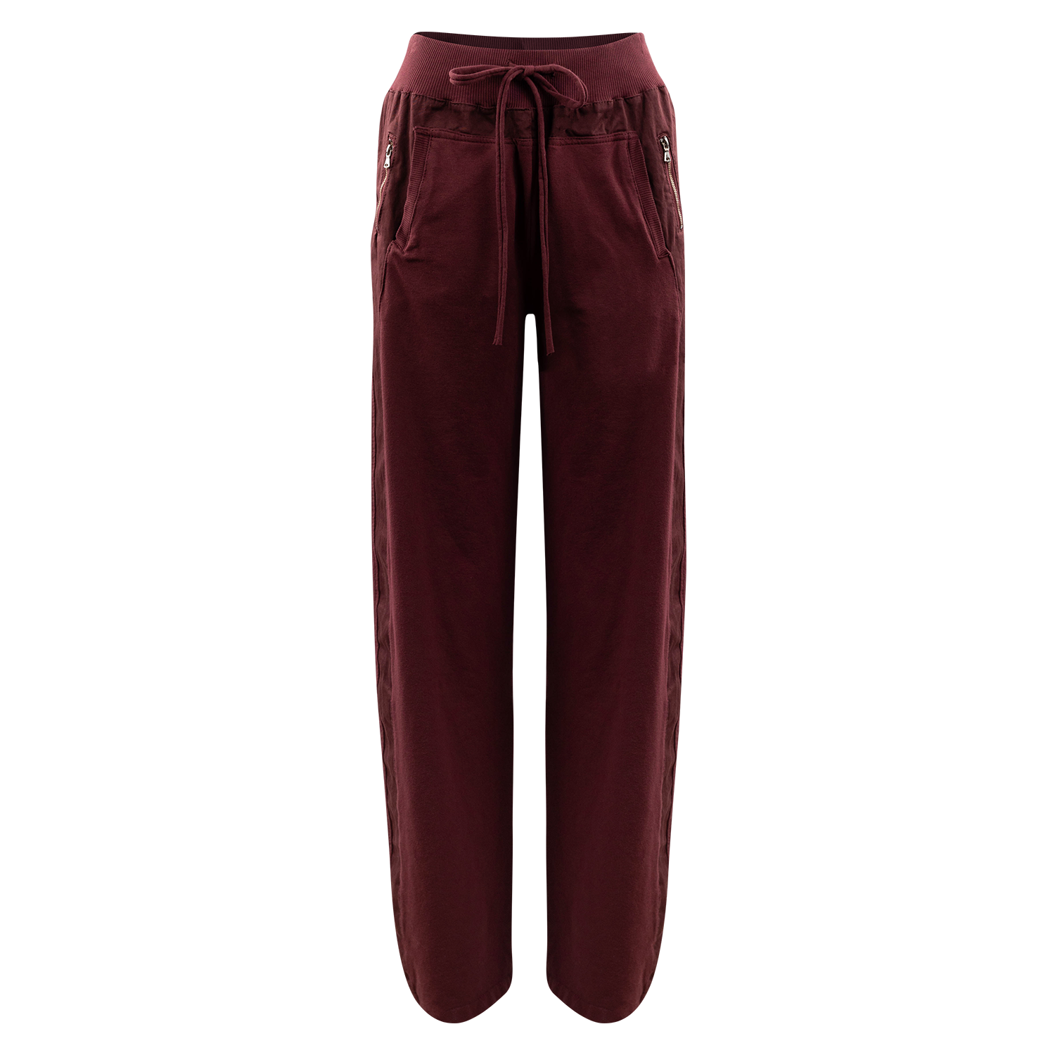 Burgundy sweatpants with ribbed elasticated waistband, drawstring, and two zippered front pockets with gold-tone zippers.