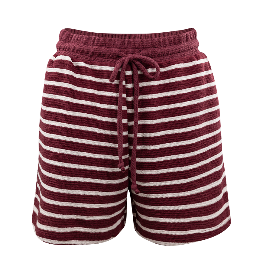 Maroon and white striped shorts with a drawstring.