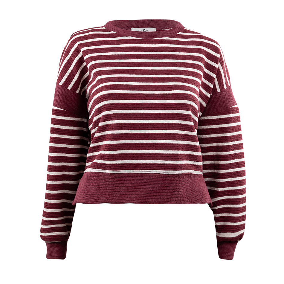 Maroon and white striped sweater.