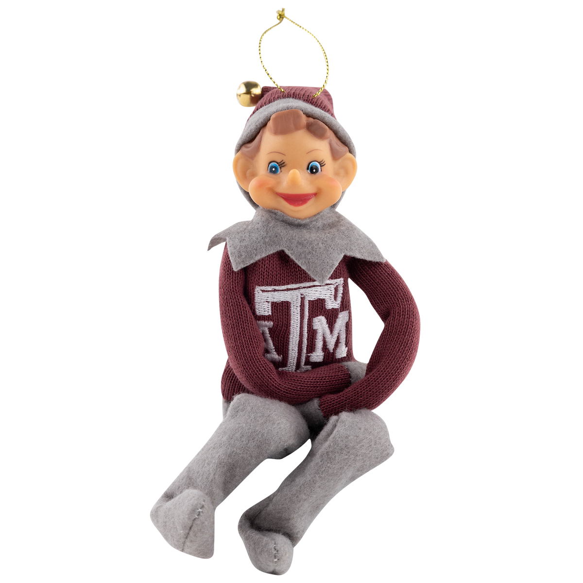 Texas A&M Aggies elf Christmas ornament featuring a seated elf wearing a maroon sweater with an embroidered Texas A&M logo, gray collar, pants, and a maroon hat with a gold bell and hanging loop.