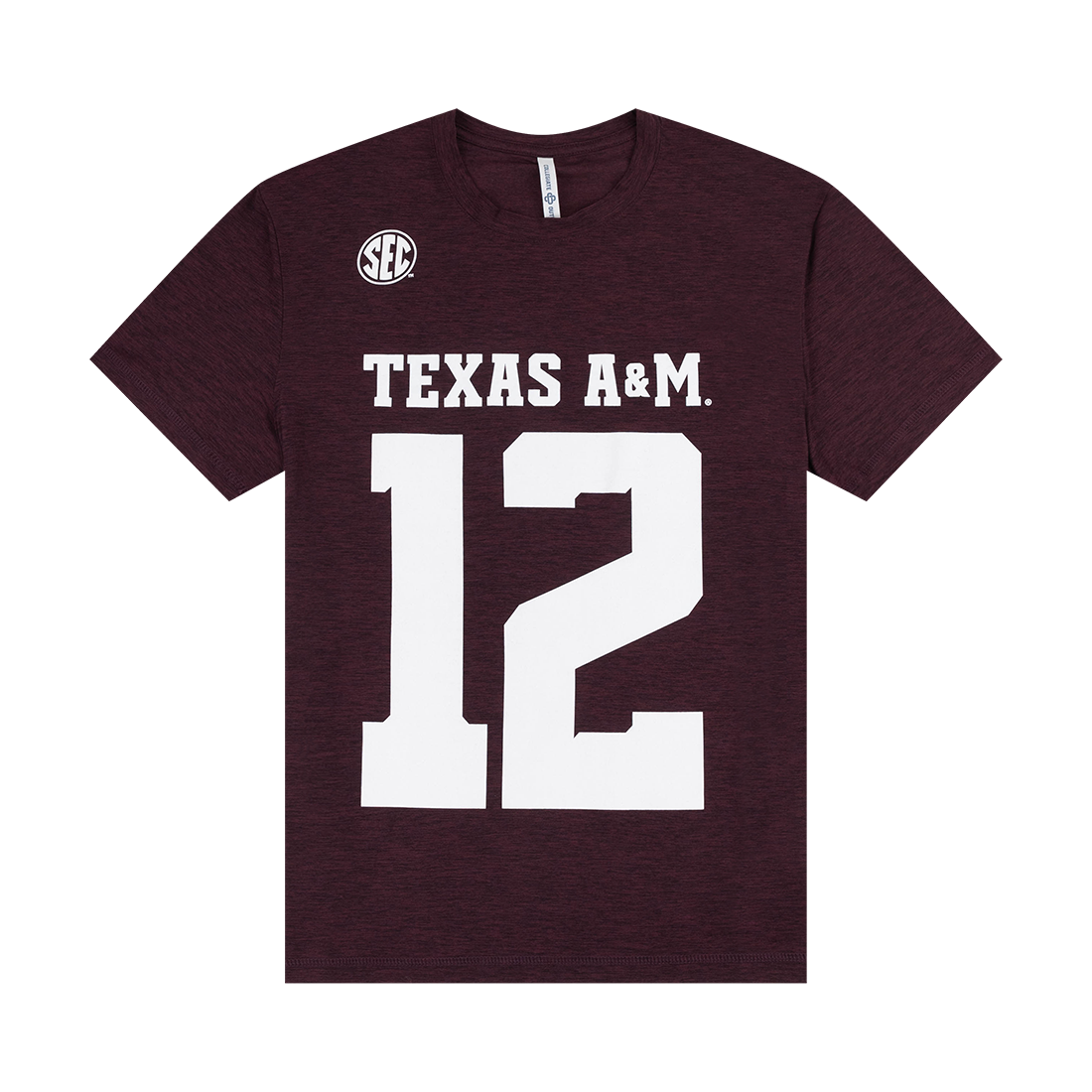 Maroon t-shirt with "Texas A&M" and "12" in white bold lettering.
