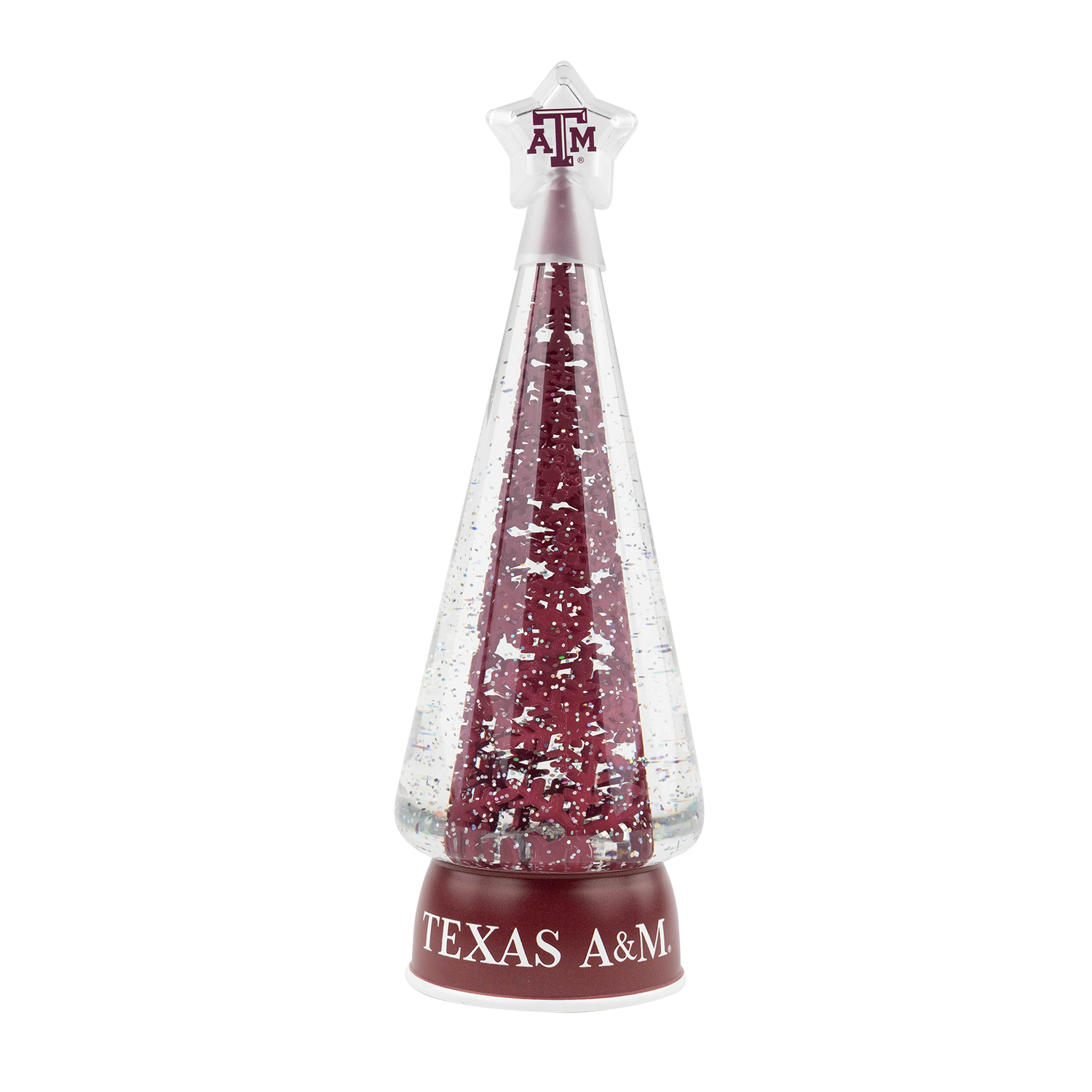 Decorative snow globe with Texas A&M logo in white at the bottom and on the top in maroon.