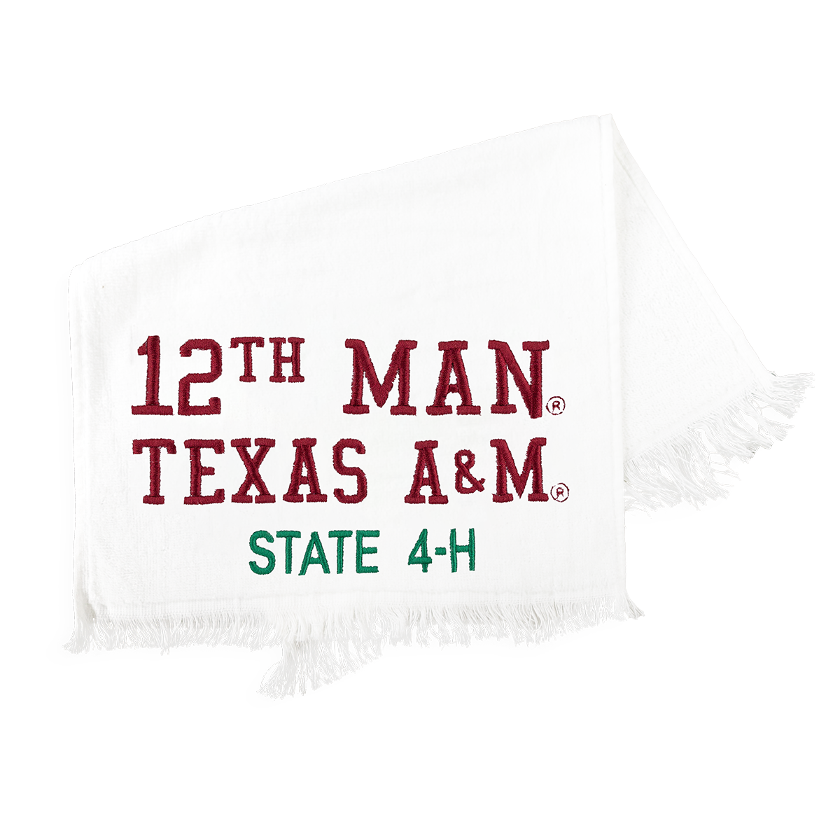 White towel with maroon and green text '12th Man Texas A&M State 4-H' 