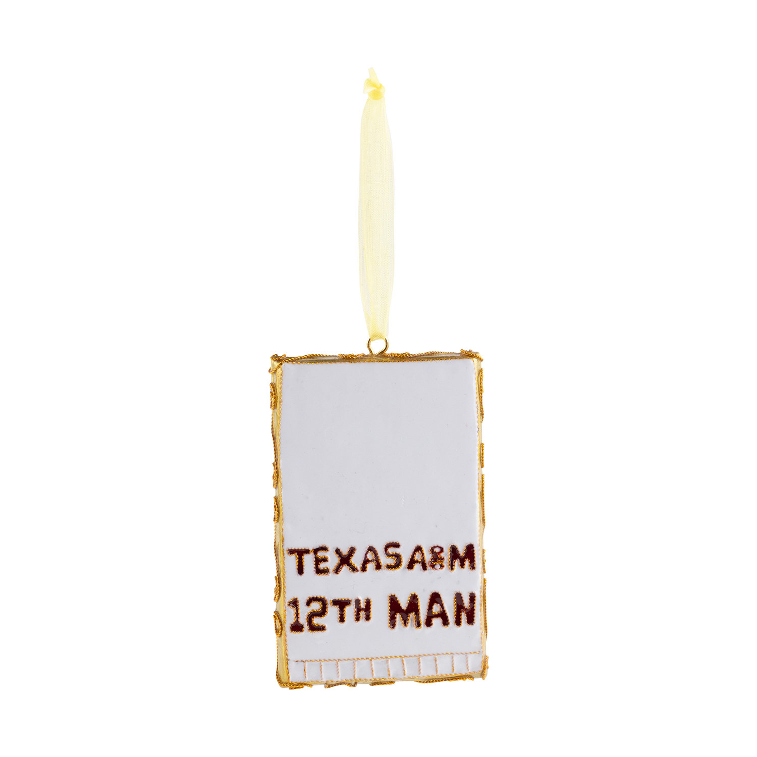 White towel ornament with "TEXAS A&M 12TH MAN" in maroon with a maroon ATM logo on the other side.