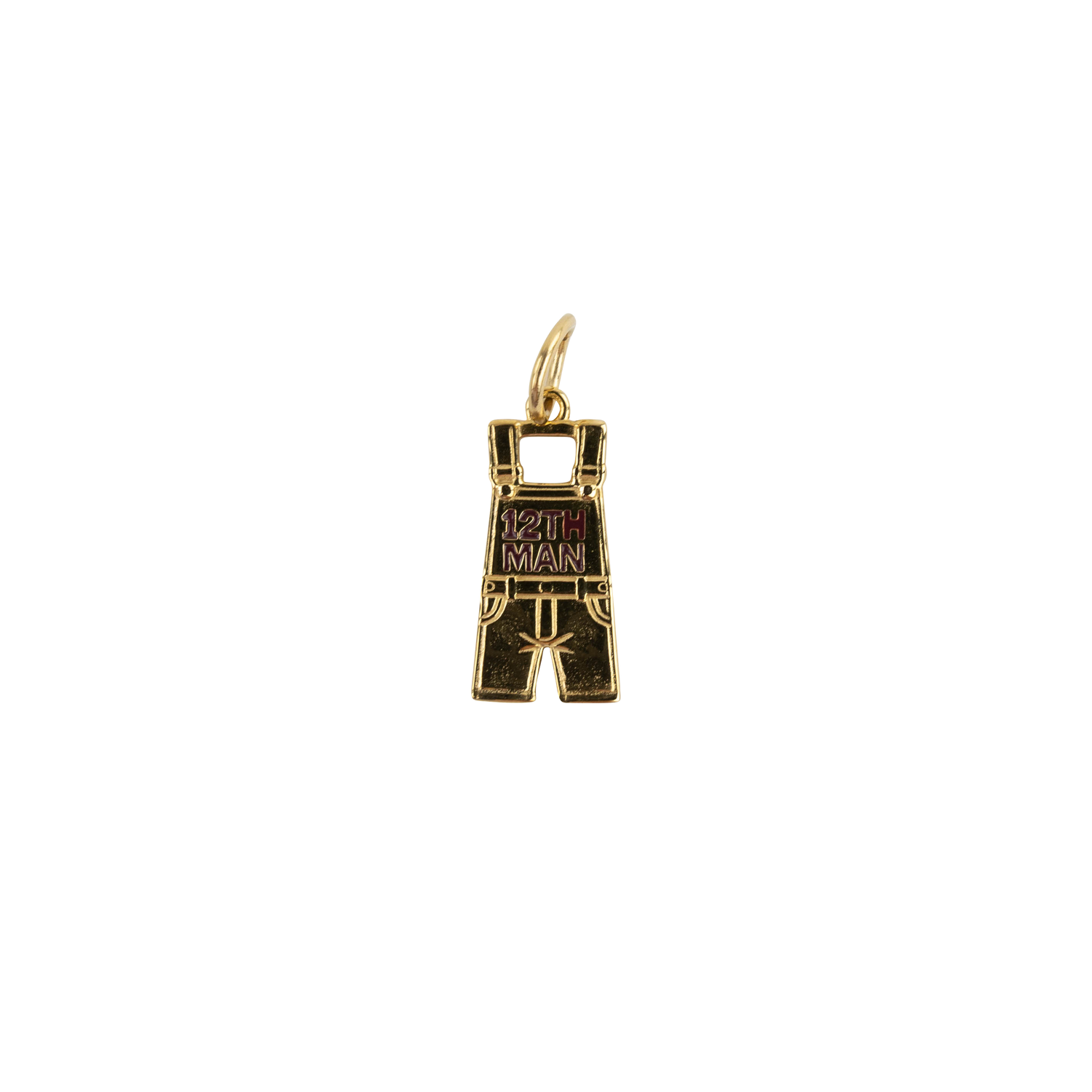A gold pendant shaped like Texas A&M Yell Leader overalls, featuring engraved detailing and the text '12TH MAN' in maroon enamel, shown on a plain white background.