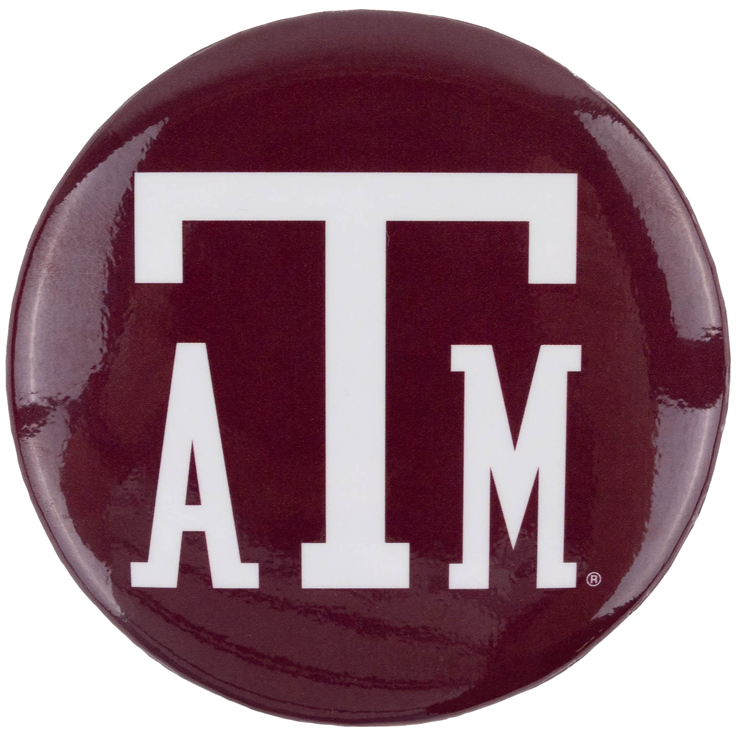 A round glossy button pin featuring the white Texas A&M 'ATM' logo on a dark maroon background.
