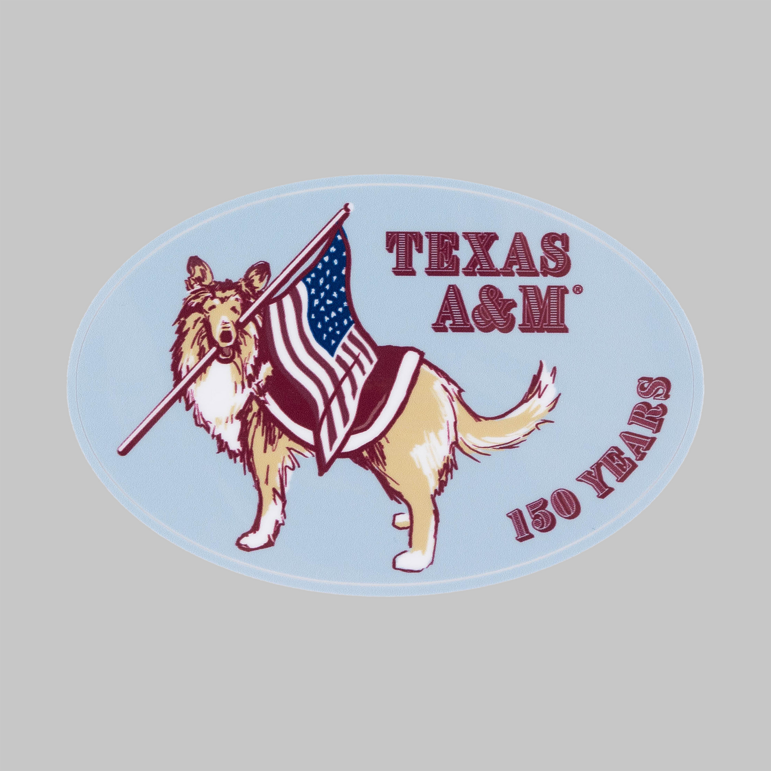 An oval sticker or decal featuring Reveille carrying a Texas A&M flag, with the text 'TEXAS A&M' and '150 YEARS' on a light blue background.
