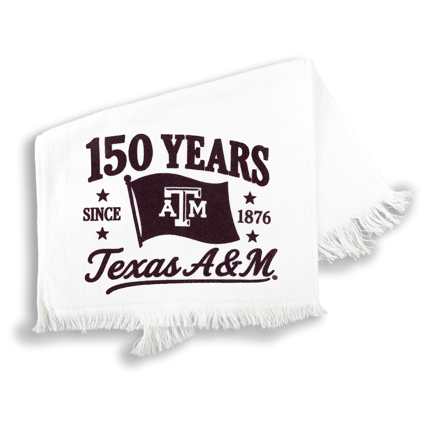 A white fringed towel featuring a dark maroon printed design that reads '150 YEARS SINCE 1876 Texas A&M' with the Texas A&M 'A&M' flag logo in the center.