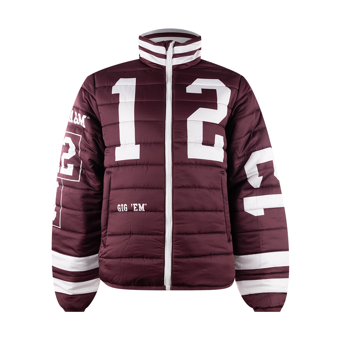 Maroon vintage 1989 puffer jacket with "12" in WHITE and "GIG 'EM" on the  left side.