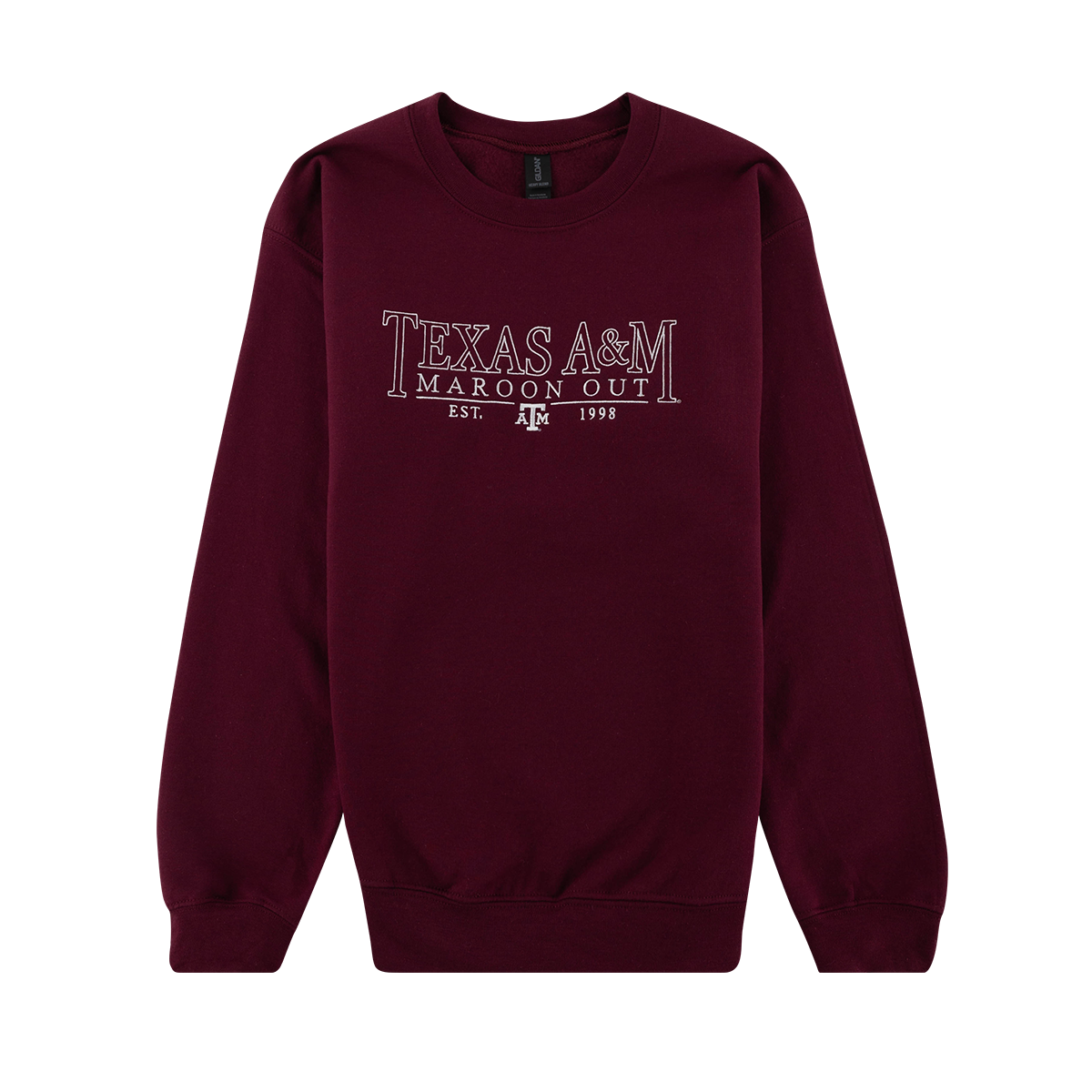Maroon Crewneck with "Texas A&M Maroon Out" embroidered in white.
