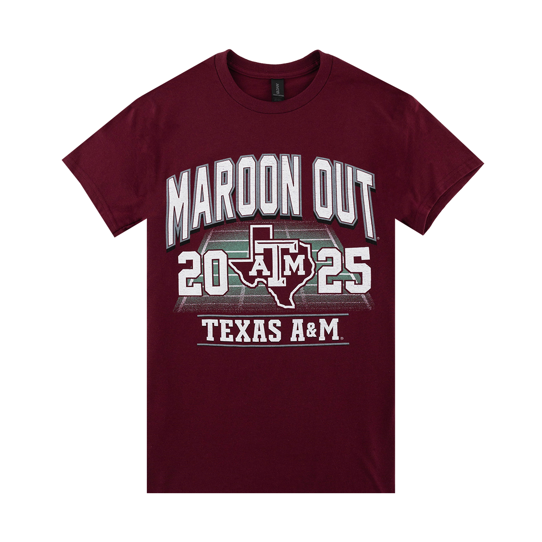 Maroon t-shirt with 'Maroon Out 2025 Texas A&M' text and logo on a white background