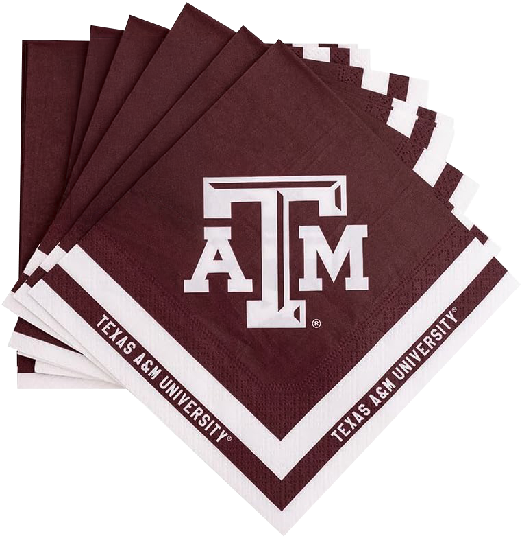 Stack of maroon square napkins  designed with Texas A&M logo in the center and white lines around. Text ready Texas A&M University.