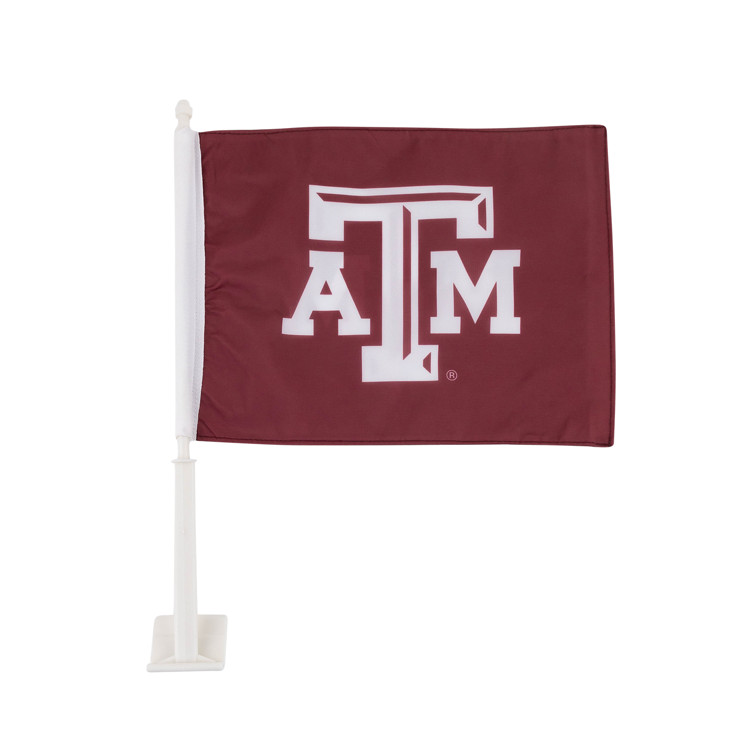 A maroon car window flag with a white 'ATM' logo, mounted on a white plastic pole with a base, shown against a plain white background.
