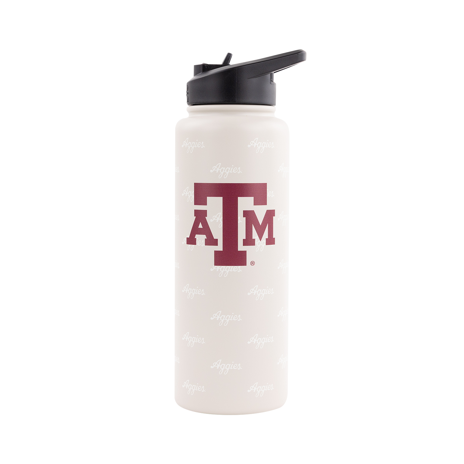 Beige water bottle with maroon ATM logo