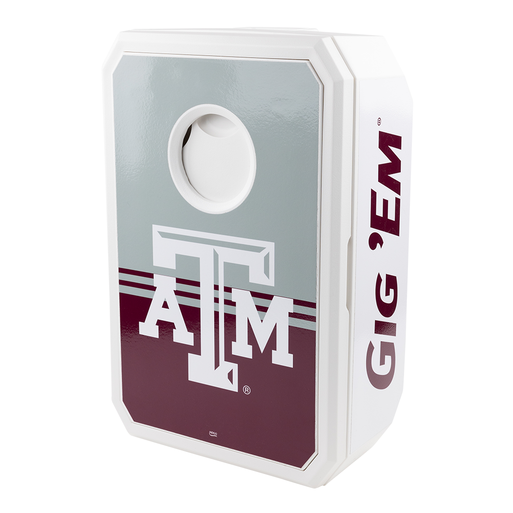 White cooler with cornhole board on top and ATM decals 