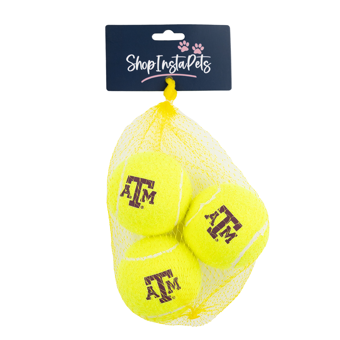 3 pack tennis balls with maroon ATM logos.