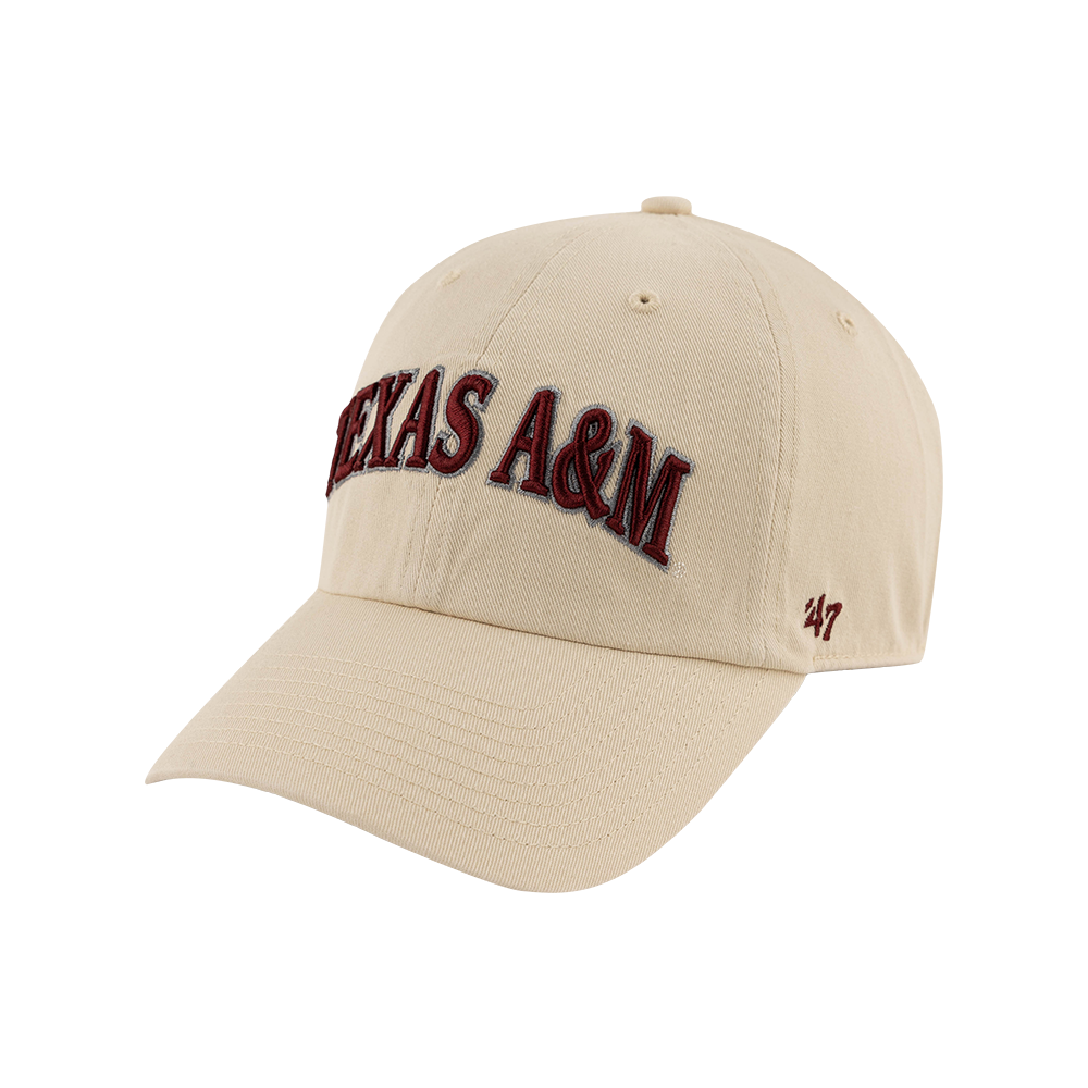 Natural tan hat with "TEXAS A&M" in maroon and outlined in gray
