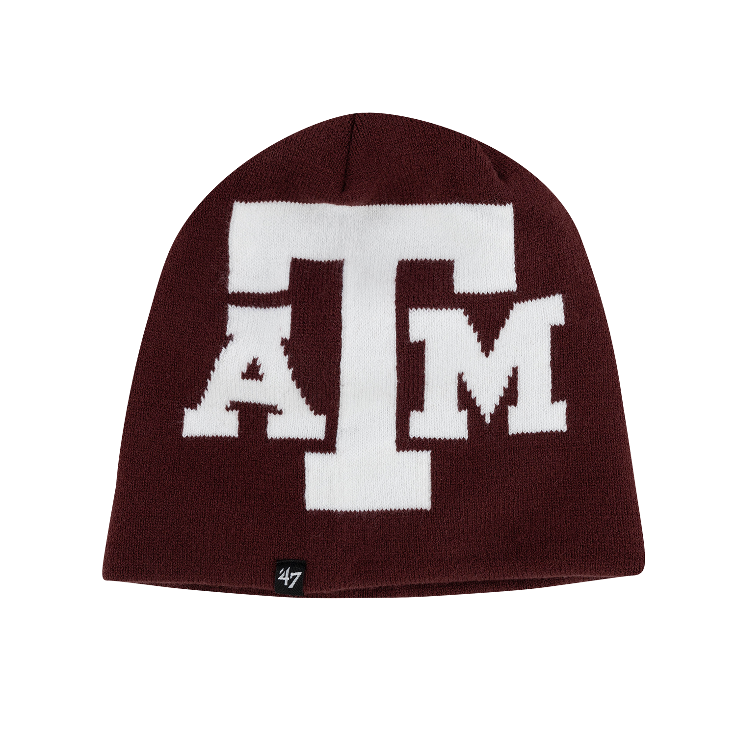 Maroon knit beanie with a large white Texas A&M logo on the front.