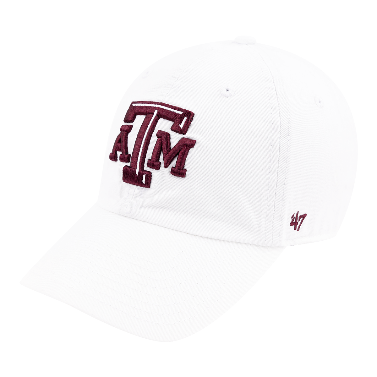 White cap with A&M embroidered on the front in maroon and the '47 Brand logo embroidered on the side.