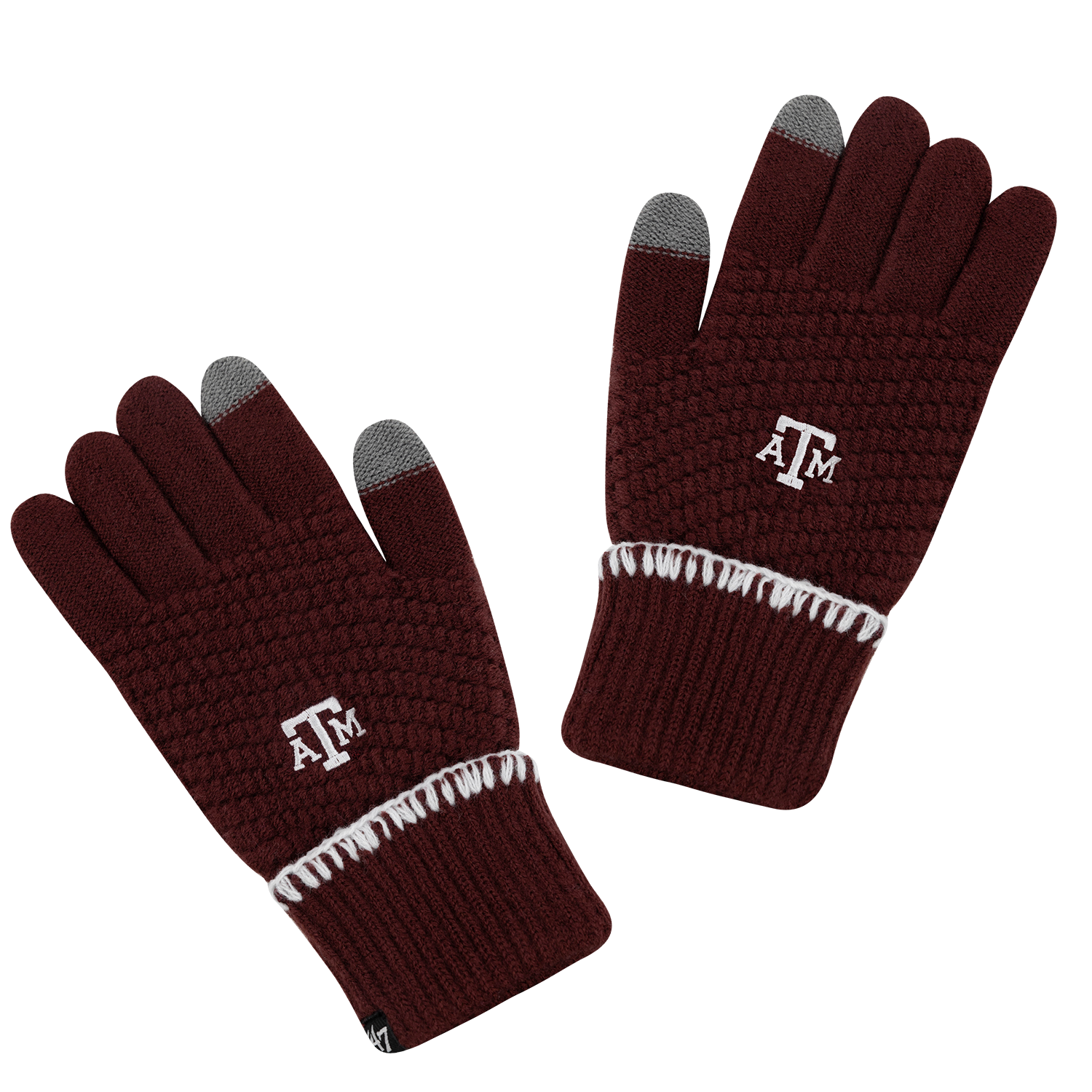 Maroon knit gloves with white Texas A&M logos, ribbed cuffs, and gray touchscreen-compatible fingertips.