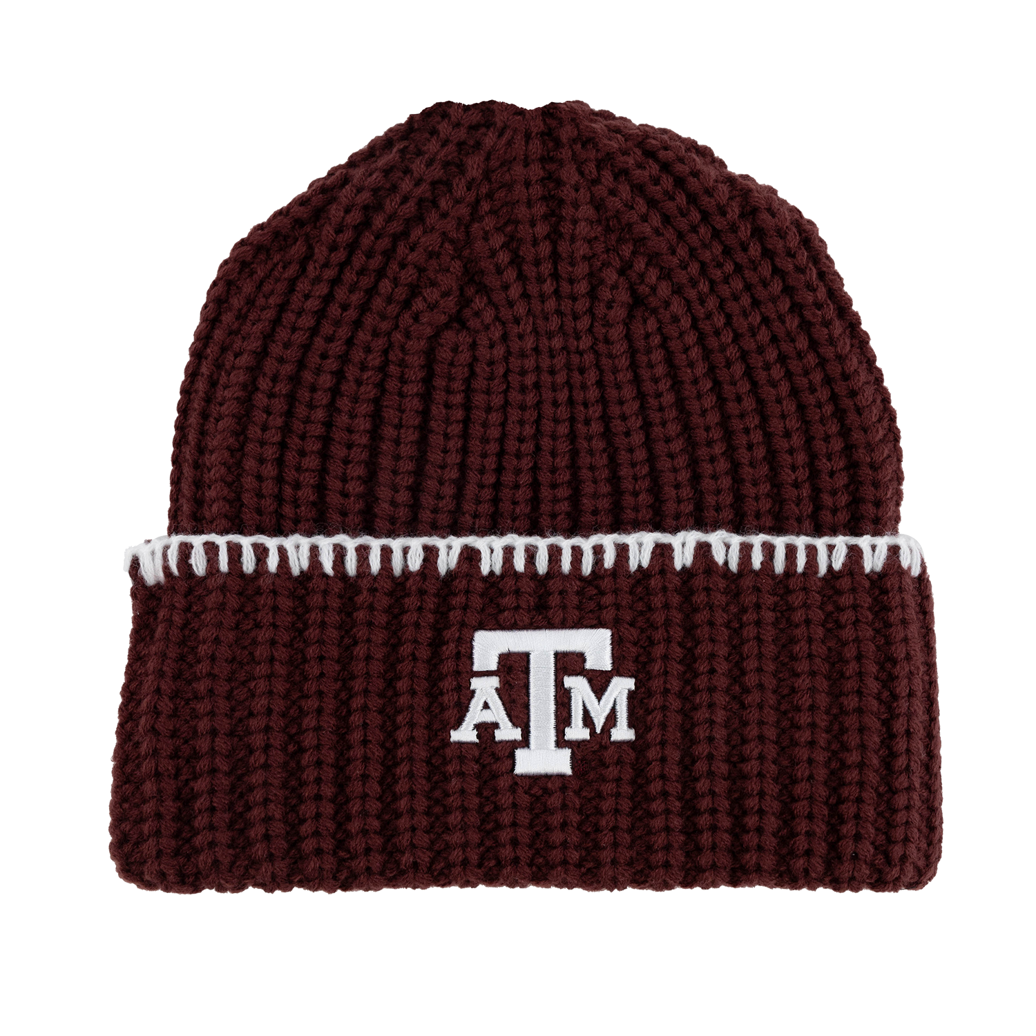 Maroon chunky-knit beanie featuring a white embroidered Texas A&M ATM logo on the folded cuff and decorative white whipstitching along the cuff's upper edge.