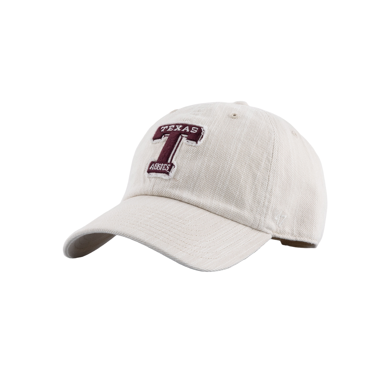 Cream Texas A&M cap featuring a maroon embroidered Texas A&M “T” logo with “TEXAS” and “AGGIES” lettering.