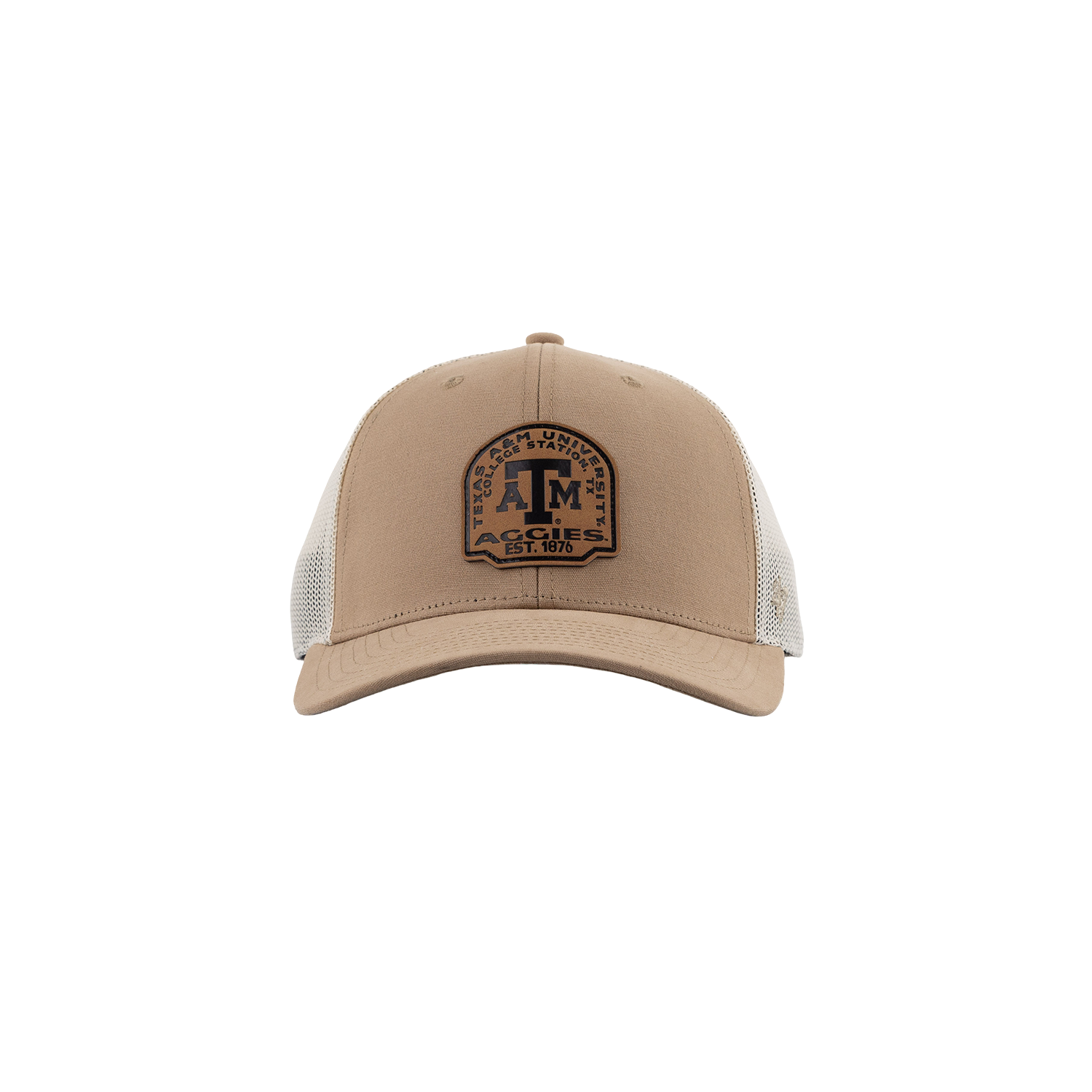 A beige trucker-style cap with a brown embroidered front patch featuring a large 'ATM' and the words 'Texas A&M University', 'College Station, TX, 'Aggies'