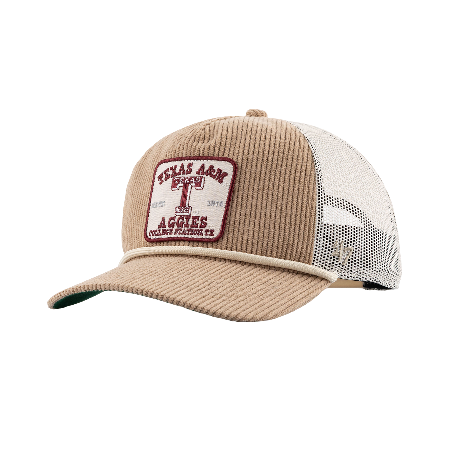 A tan corduroy trucker hat with a white mesh back and a front patch reading 'Texas A&M Aggies'.